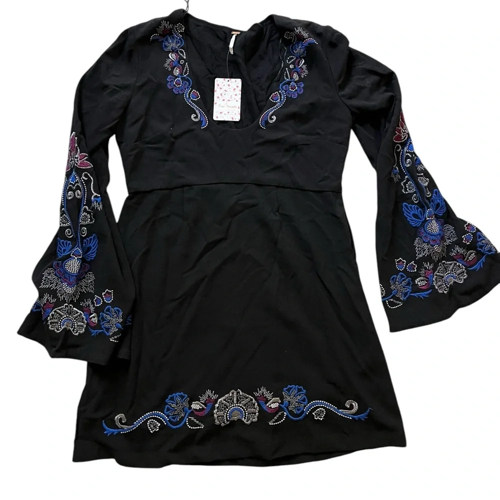 Free People Holiday Folk Dress Women's 10 Embroidered Bell Sleeve Black Boho NWT